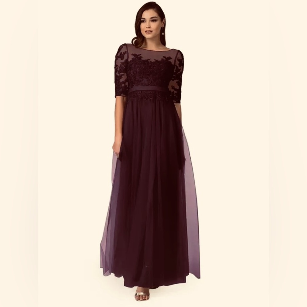 Elegant Brugandy Tulle Overlay Evening Gown